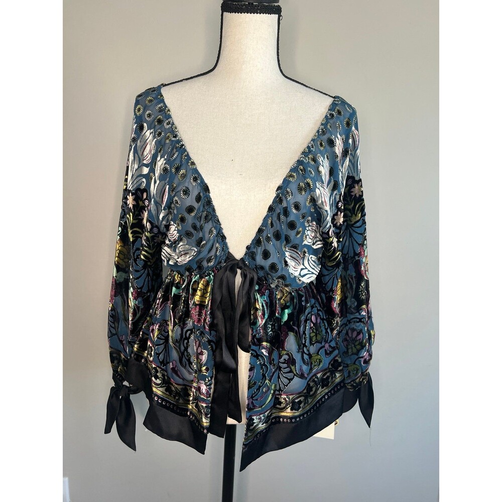Hale Bob Black Floral Velour Lace Silk Lined Mesh Long Sleeve Bolero Top Crop M